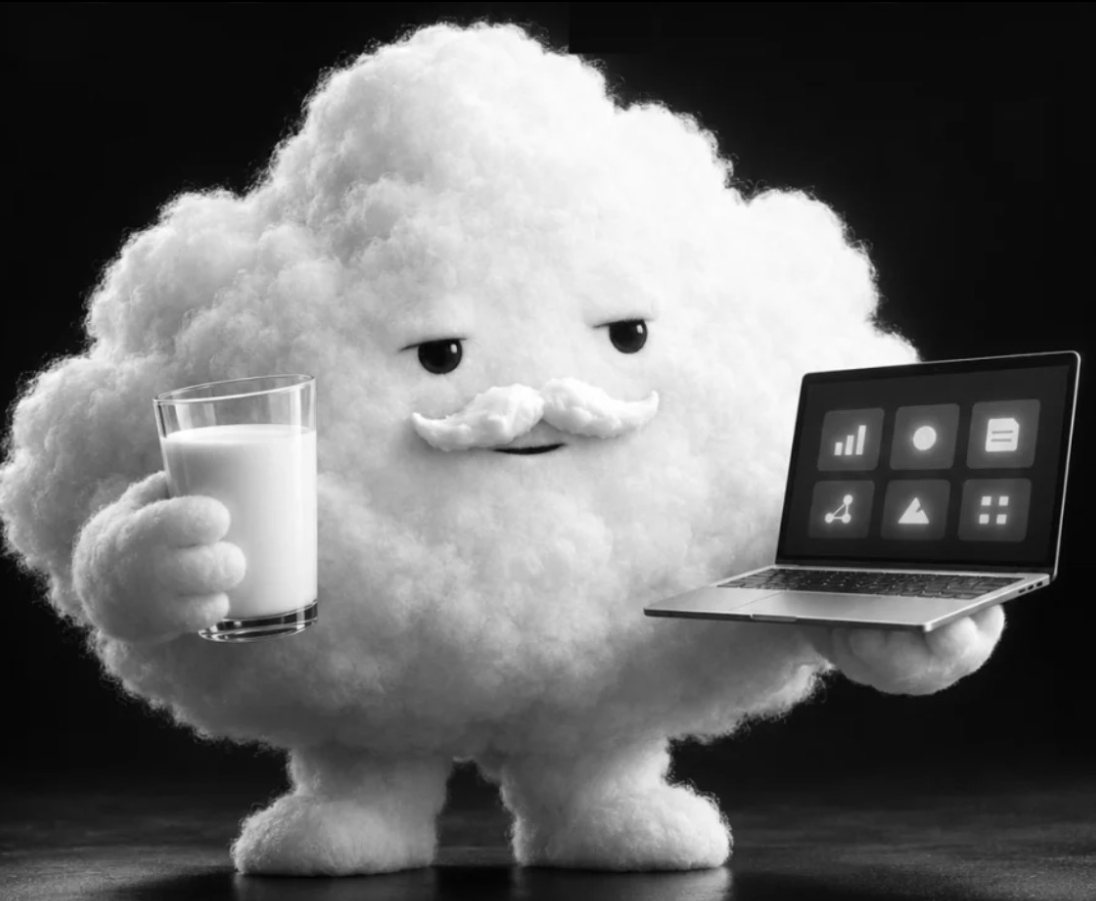 The agent.cloud cloud, with a glass of milk and a laptop